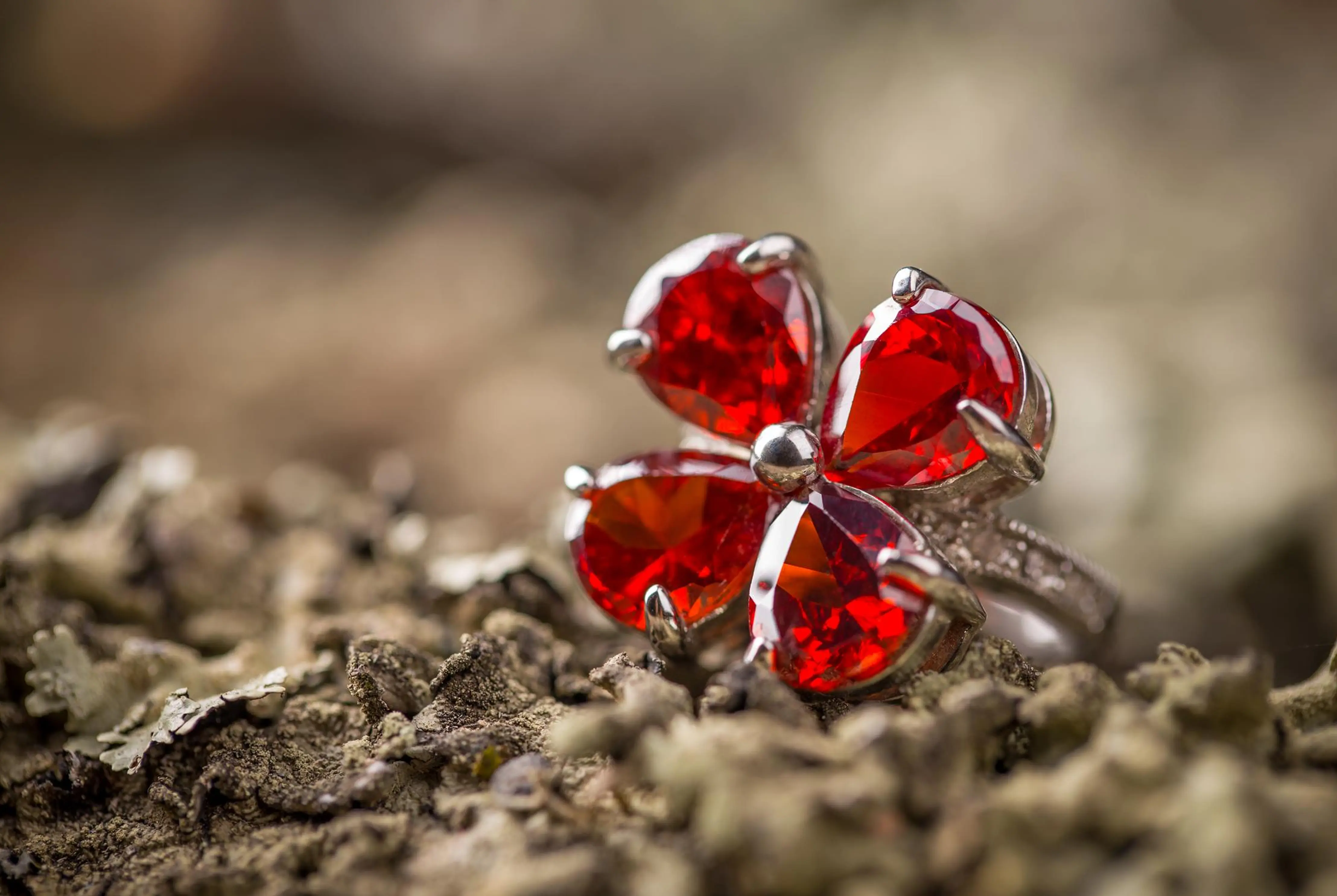 Ruby gemstone on moss and weathered wood